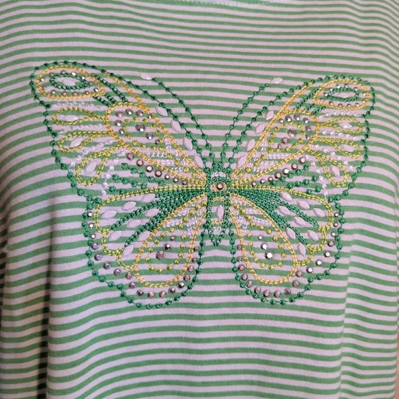 ALFRED DUNNER Short Sleeve Shirt,Lime Green Stripe w/sequin butterfly,Sz L,NWT! - Picture 3 of 8